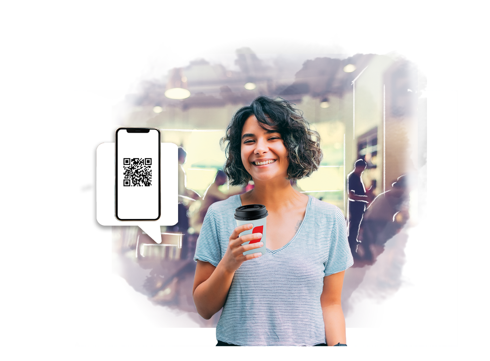Cliente pagando con método QR su café desde su telefono