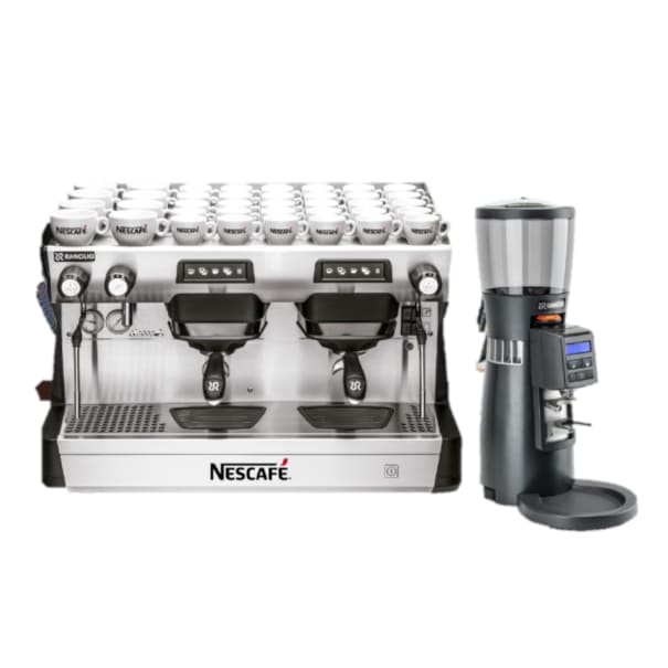 Máquina de café NESCAFÉ® Espresso Rancilio junto a un molinillo dosificador de café profesional.