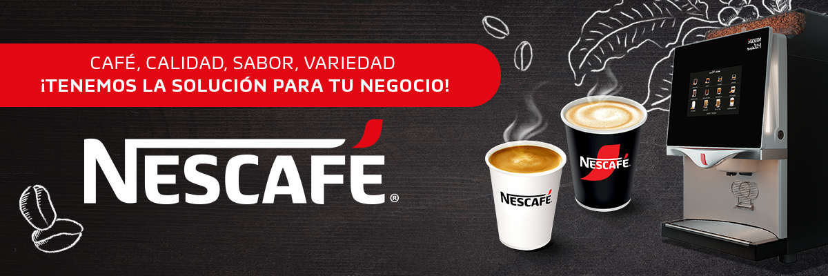 Banner de máquinas NESCAFÉ®, con dos vasos de café promocionando su calidad y sabor.