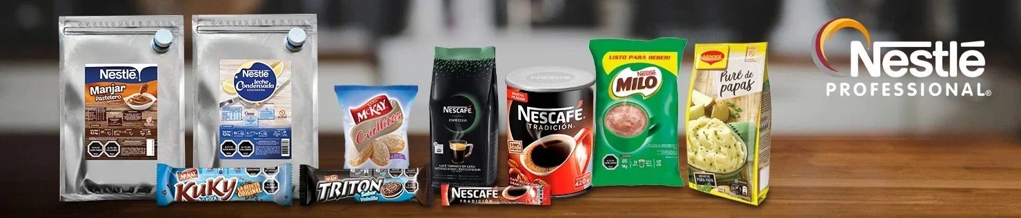 Cafés e insumos para máquinas de café como NESCAFÉ® en grano, NESCAFÉ® en lata y stick, y bolsa de MILO®.