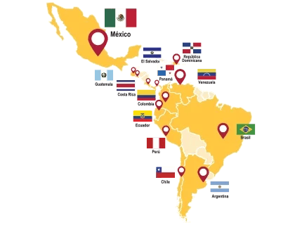 Un mapa con los países de latinoamérica donde está activo el programa Yocuta