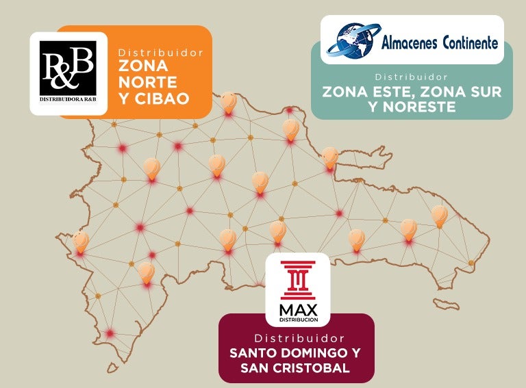 Mapa de República Dominicana destacando tres zonas de distribuidores NESTLÉ PROFESSIONAL® al por mayor.