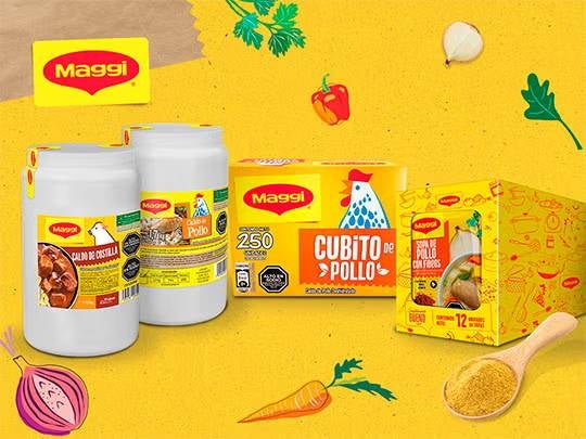 Varios productos culinarios para negocios de caldo de pollo y carne MAGGI®  se muestran sobre un fondo amarillo.
