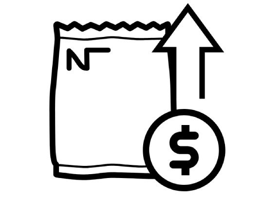 Ícono de ahorro en costos: un paquete junto con el signo pesos y una flecha que apunta hacia arriba