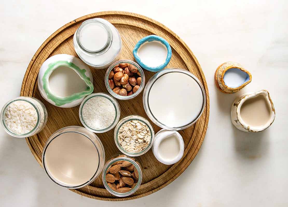 Bebidas vegetales de coco, avena, avellanas, almendras y arroz y recipientes con estos ingredientes
