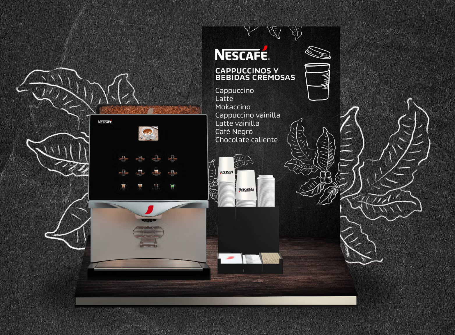 Máquina de café en grano NESCAFÉ® en un módulo con vasos, endulzantes, material POP y opciones de bebidas