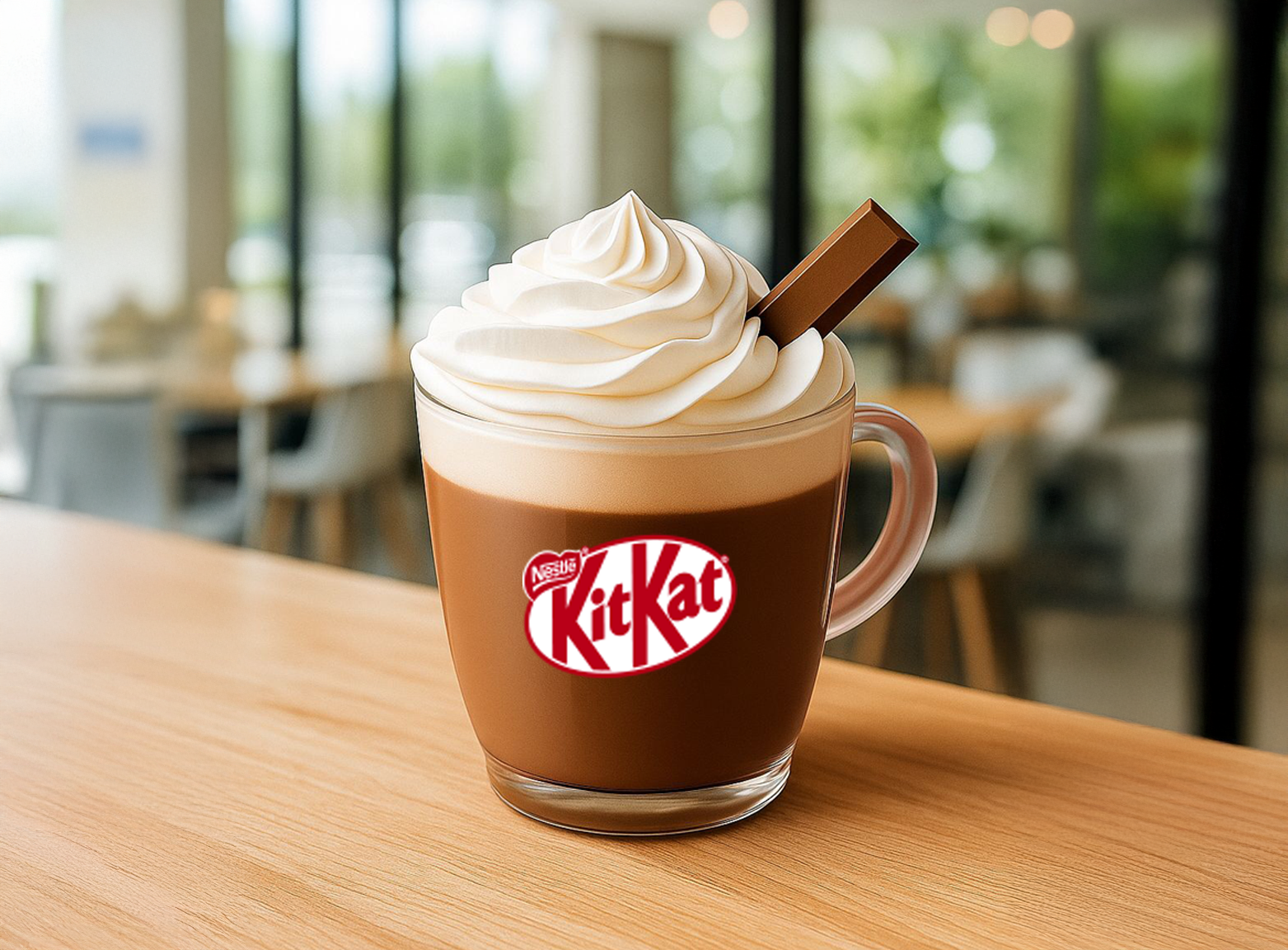 taza de chocolatada sabor kitkat sobre mesa, en el fondo una confiteria