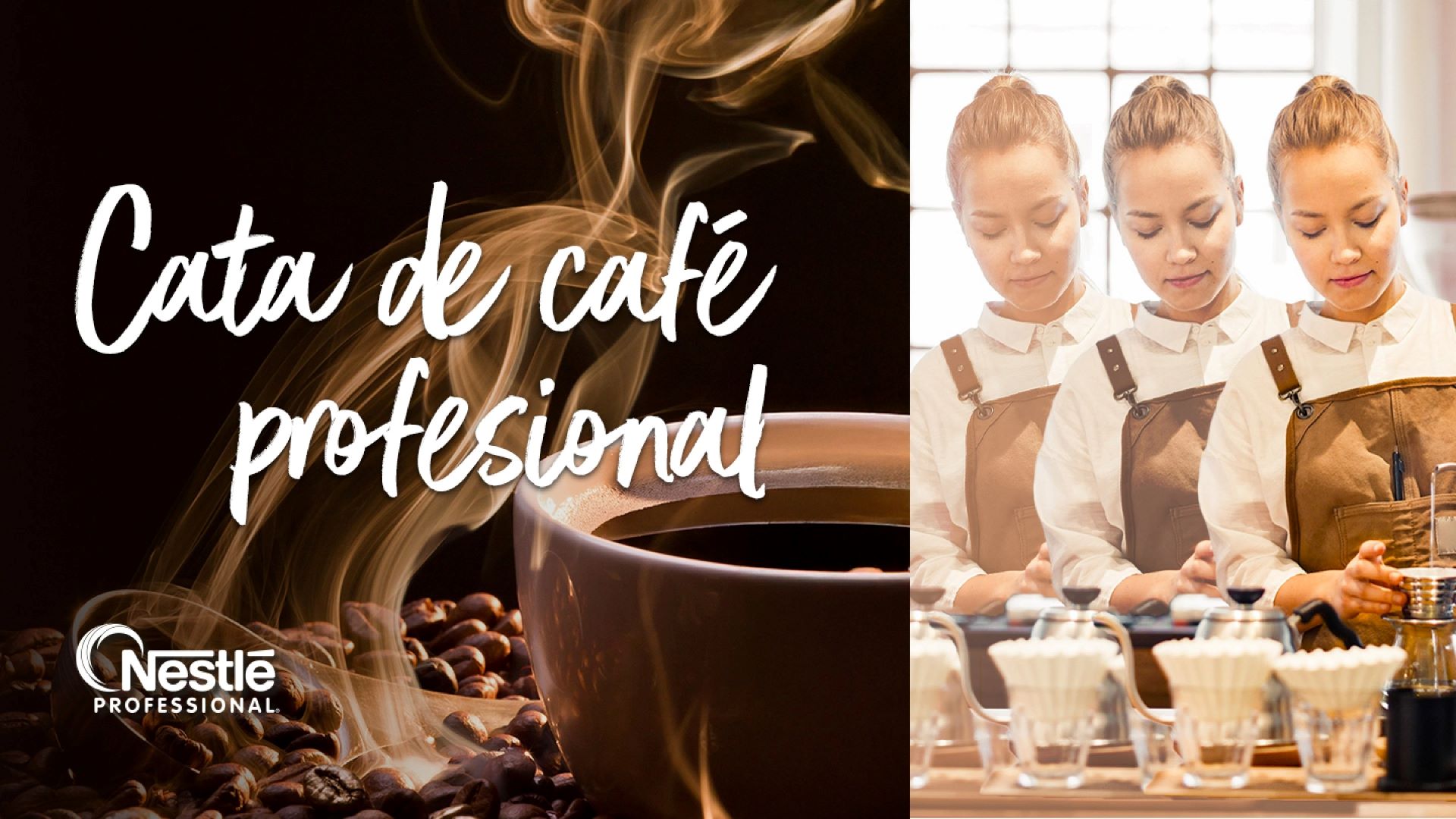 Banner sobre cata de café profesional, con una taza de café humeante y una barista preparando la bebida.