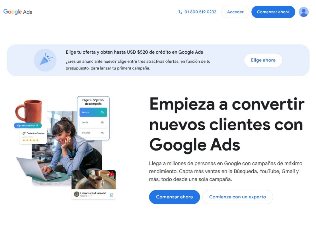 Página principal de Google Ads muestra opciones para crear campañas publicitarias con IA.