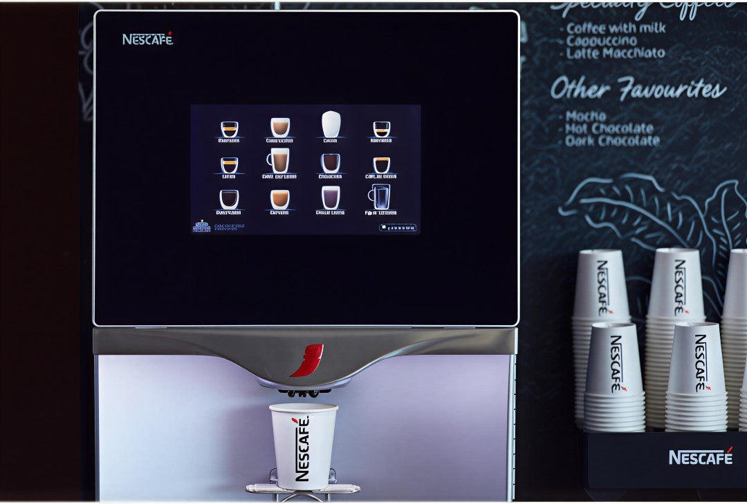 Máquina de café en primer plano, sirve café en vaso NESCAFÉ®.