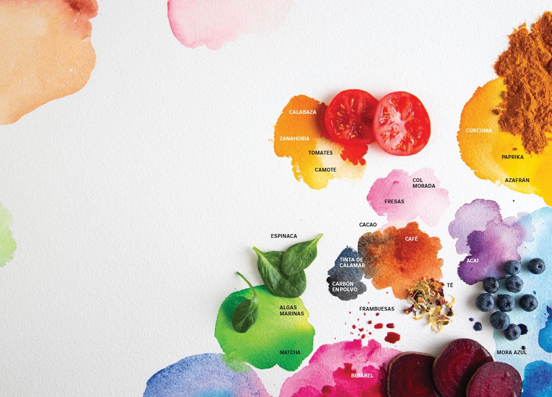 Paleta de colores naturales creada con ingredientes como frutas, verduras, especias y café.