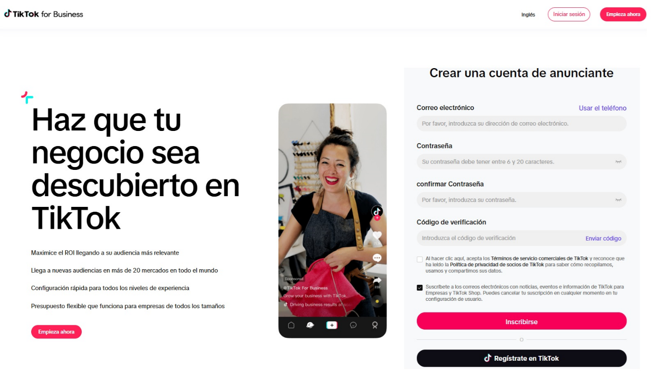 Captura de pantalla de la página de inicio de sesión de TikTok ads