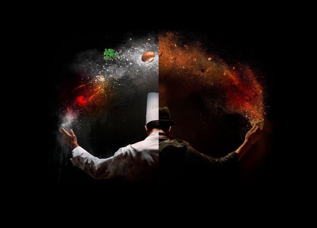 Chef fusionando técnica y creatividad culinaria, reflejo del espíritu Bib Gourmand en cocina profesional