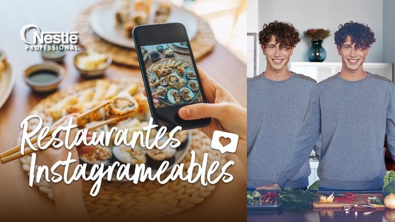 Una mano fotografía un plato de sushi, al lado un influencer, junto al texto “Restaurantes Instagrameables”