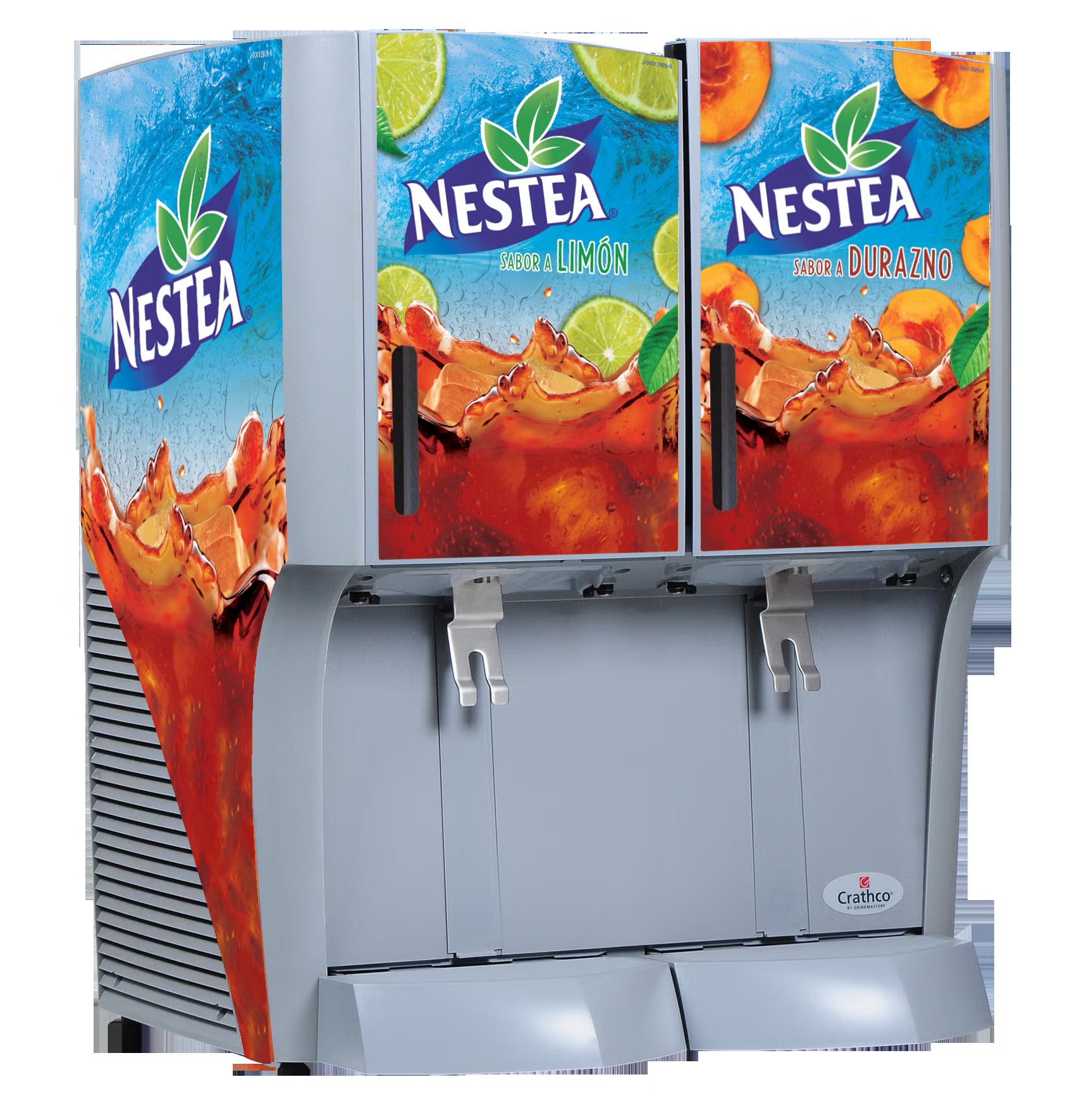 Máquina NESTEA® EZ CARE de dos contenedores (izq. limón, der. durazno) y dispensadores