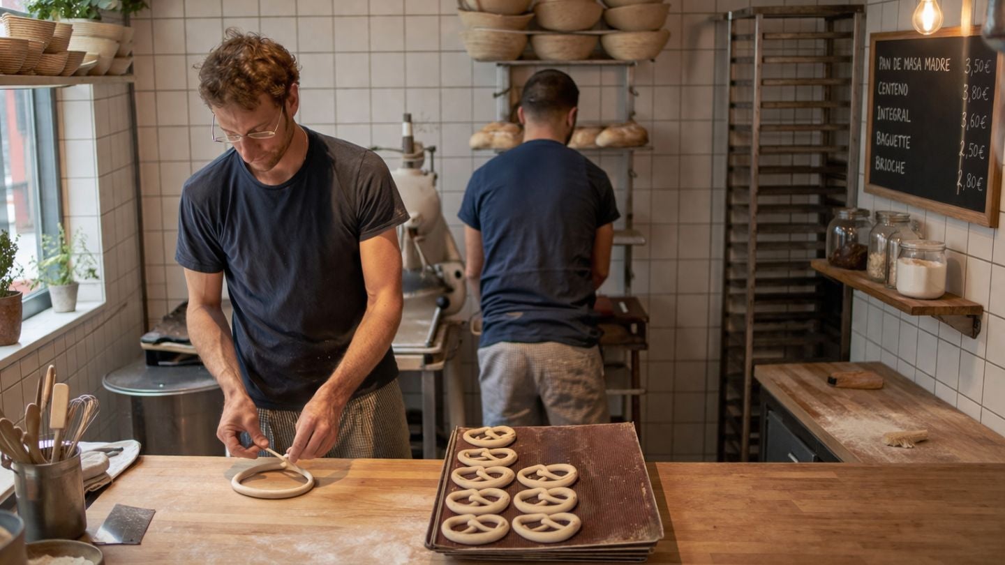 Panaderos elaborando masa en cocina compacta con bandejas listas para hornear en espacio reducido