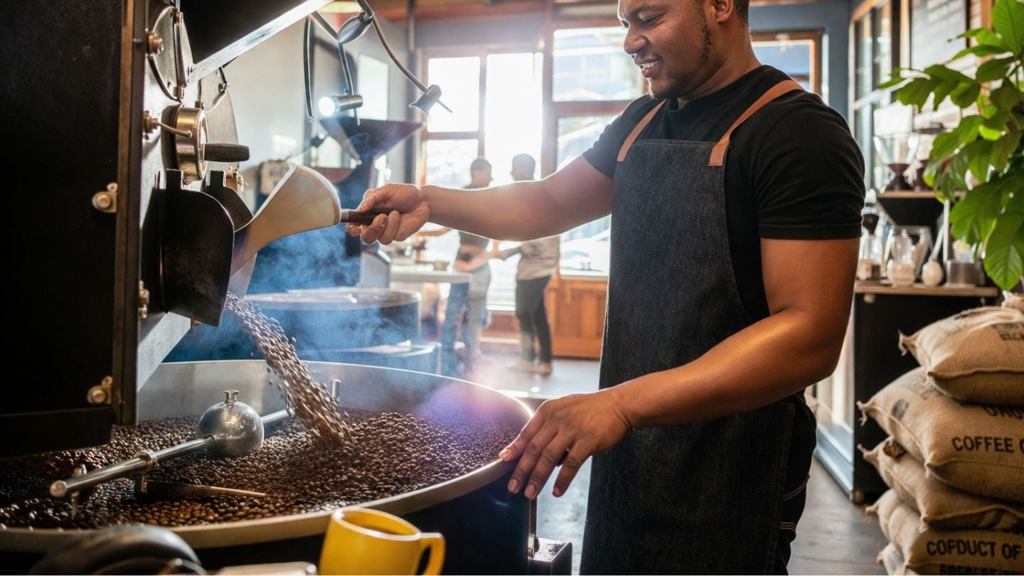 Barista manipulando máquina tostadora mientras vierte granos de café durante proceso de tueste