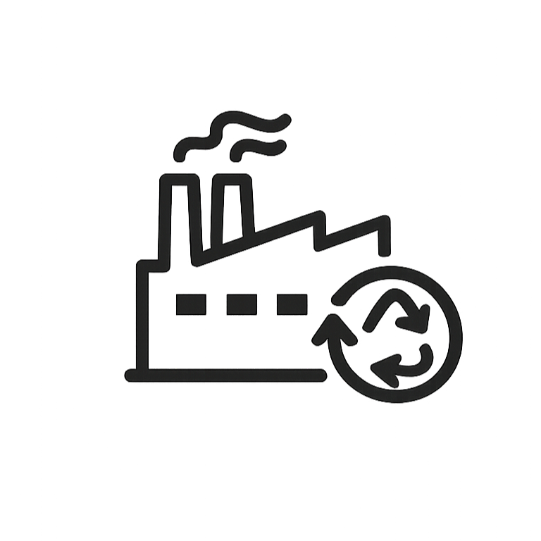 Fábrica con flechas de reciclaje que representa procesos industriales responsables