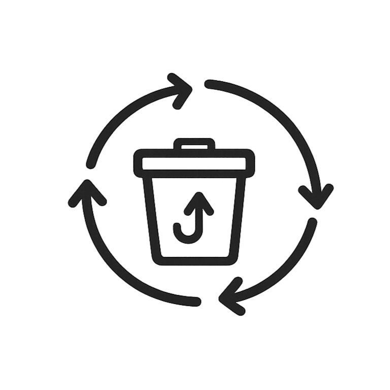 Contenedor de residuos rodeado por flechas que simbolizan reciclaje y economía circular