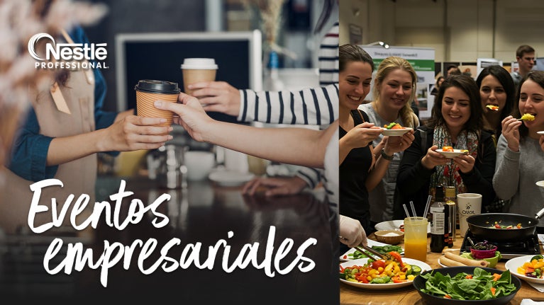 Personas compartiendo café y comida en un entorno profesional durante eventos empresariales.