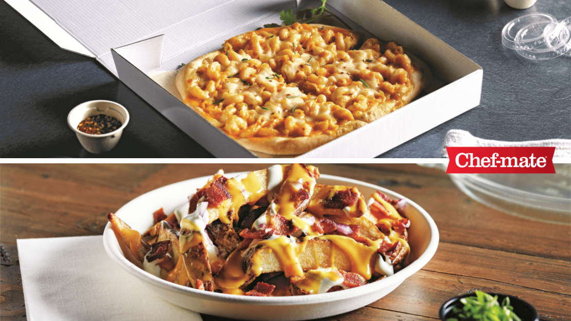 Una caja de pizza con queso y un plato de papas fritas, ambos con queso cheddar CHEF MATE®