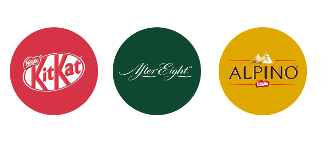 Logos de las marcas de CHOCOLATES NESTLÉ® como KITKAT®, AFTER EIGHT® y ALPINO®