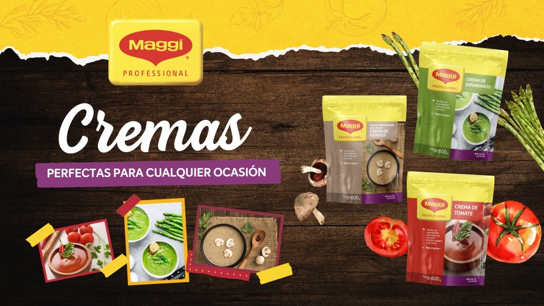 Sopas MAGGI® Professional de varios sabores con un encabezado que dice: Cremas perfectas para cualquier ocasión.