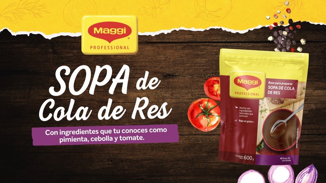 Banner color café que promociona la Sopa de cola de res de MAGGI® y sus ingredientes