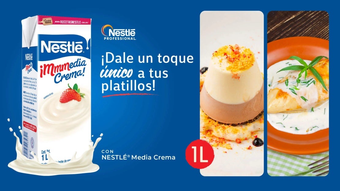 Producto Media Crema NESTLÉ® de 1 litro junto a un postre y un platillo salado