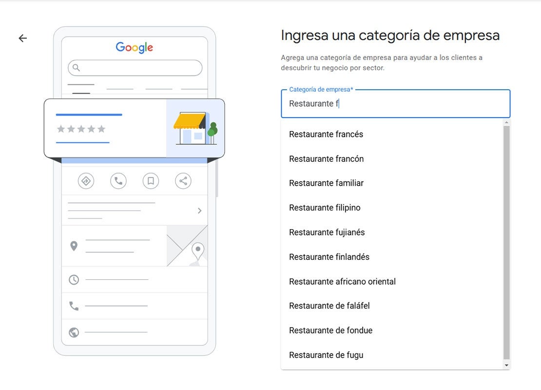 Página de Google My Business para ingresar la categoría de un restaurante con un listado predictivo