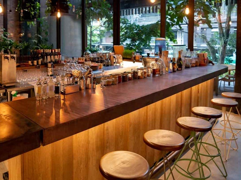 Bar equipado con bebidas e ingredientes tras la barra, máquinas, lavabo, decorado con plantas