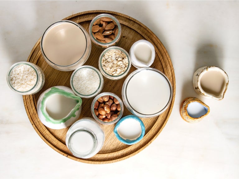 Bebidas vegetales de coco, avena, avellanas, almendras y arroz y recipientes con estos ingredientes