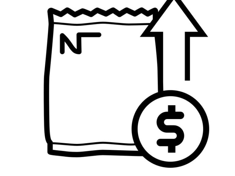 Ícono de ahorro en costos: un paquete junto con el signo pesos y una flecha que apunta hacia arriba
