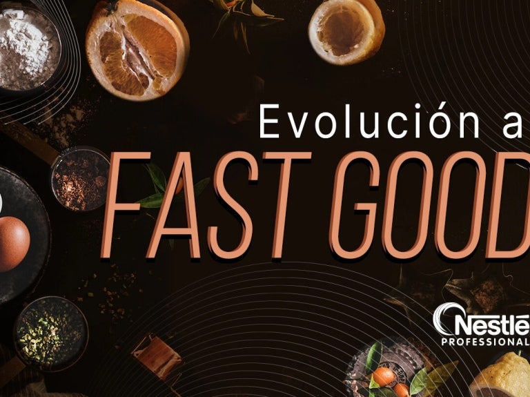 Banner con ingredientes frescos acompañados del texto “Evolución al fast good”.