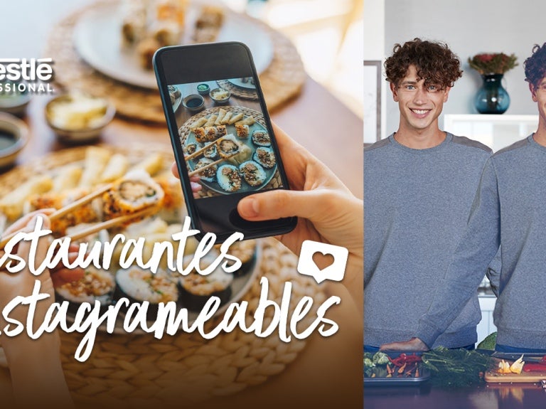Una mano fotografía un plato de sushi, al lado un influencer, junto al texto “Restaurantes Instagrameables”