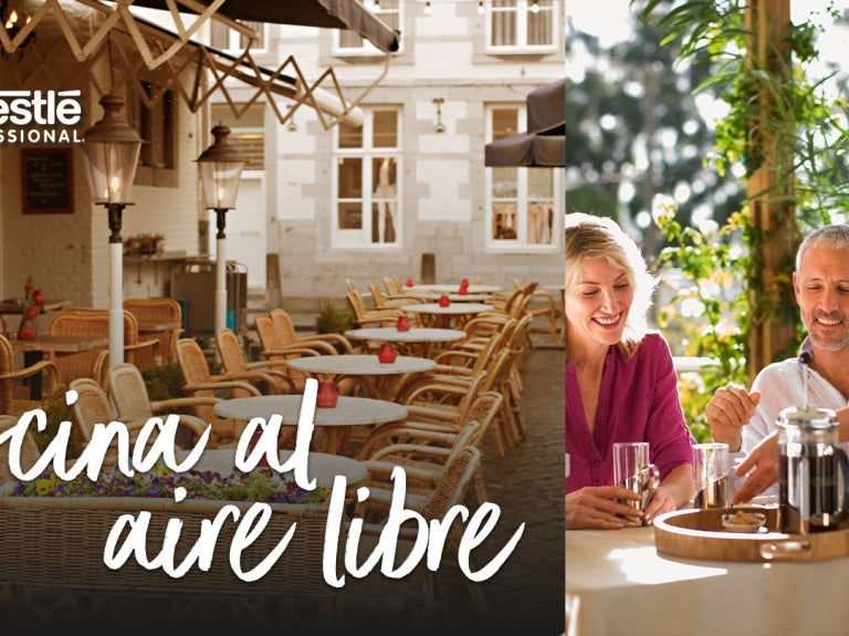 Terraza y servicio en mesa ilustran experiencias gastronómicas de cocina al aire libre.