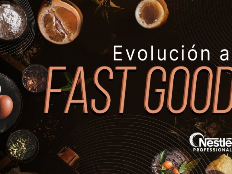 Banner con ingredientes frescos acompañados del texto “Evolución al fast good”.