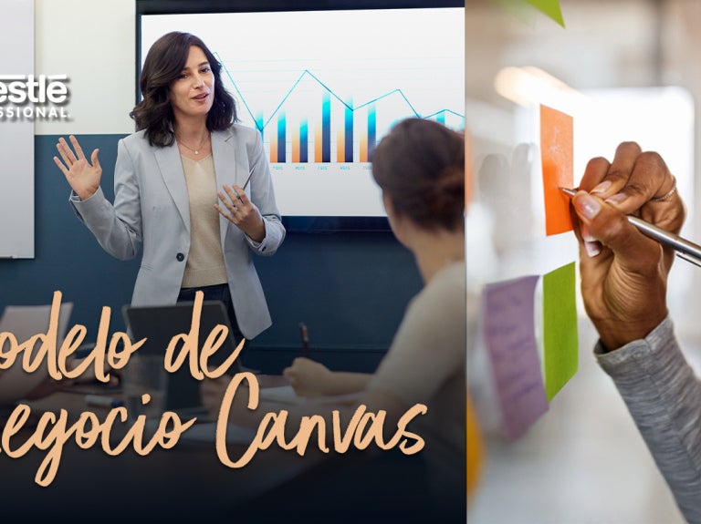 Profesional explica conceptos con gráficas y notas adhesivas para aplicar el modelo de negocio Canvas.