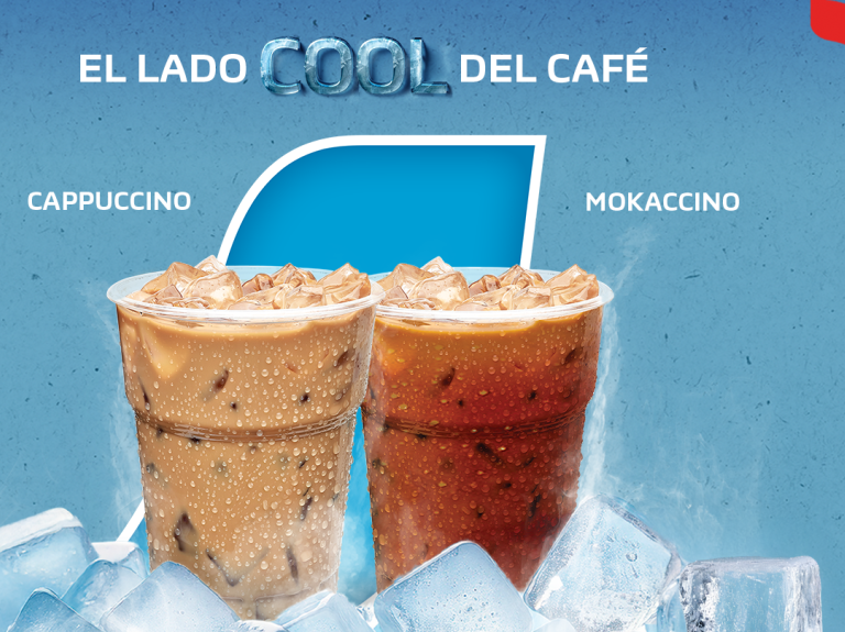 Publicidad de café helado con dos bebidas: Cappuccino y Mokaccino, rodeadas de cubos de hielo.