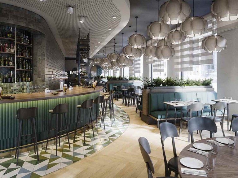 Restaurante moderno con mesas y barra como resultado del diseño de interiores