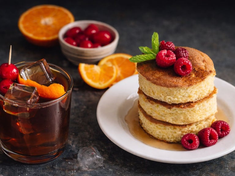 Café frío con cítricos, pancakes con frambuesas y frutas frescas propuesta de menú de temporada