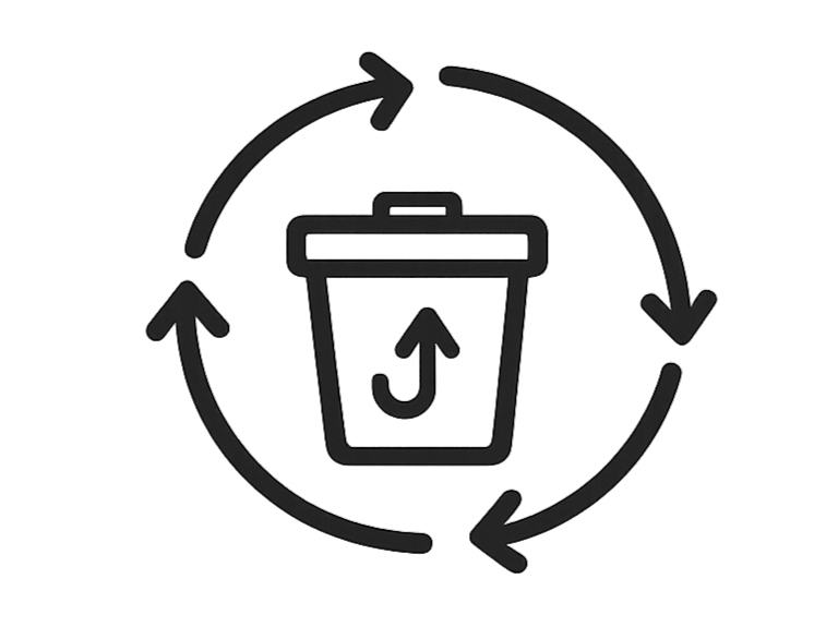 Contenedor de residuos rodeado por flechas que simbolizan reciclaje y economía circular