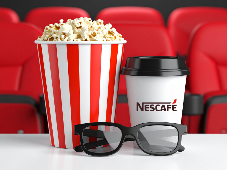 Imagen de cine con café Nescafé y balde de pochoclos