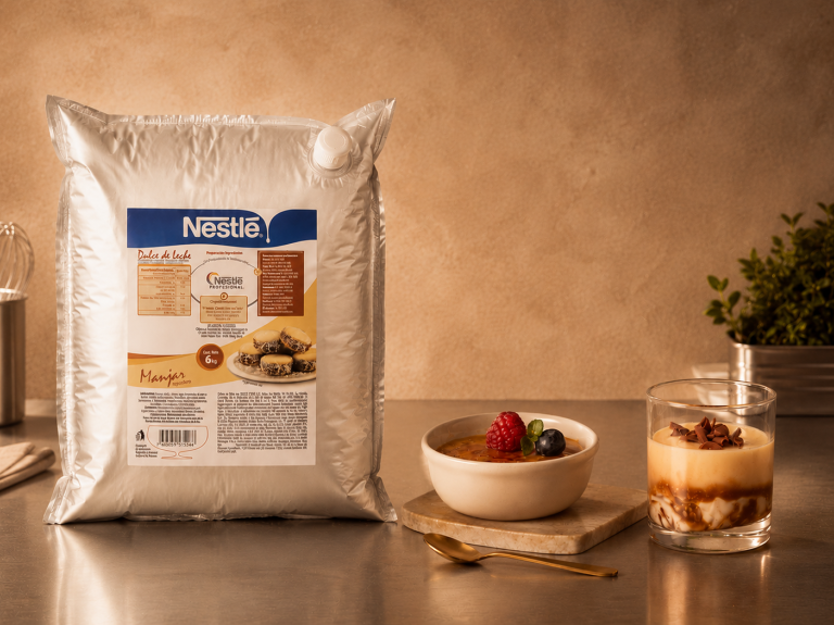 Bolsa de Dulce de Leche NESTLÉ® con postres cremosos sobre una mesa