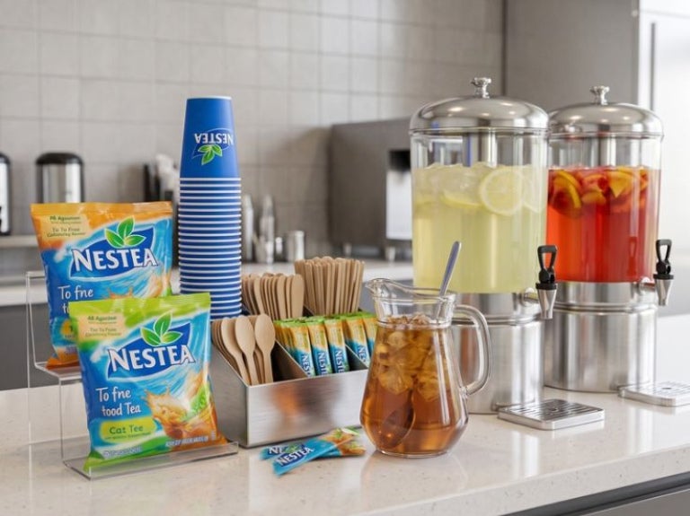 Estación de bebidas con dispensadores de vidrio, jarra con hielo, bolsas de té y vasos azules.
