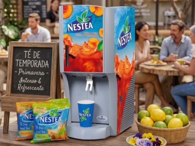 Máquina dispensadora de té helado en mostrador de cafetería junto a pizarrón de menú y frutas.