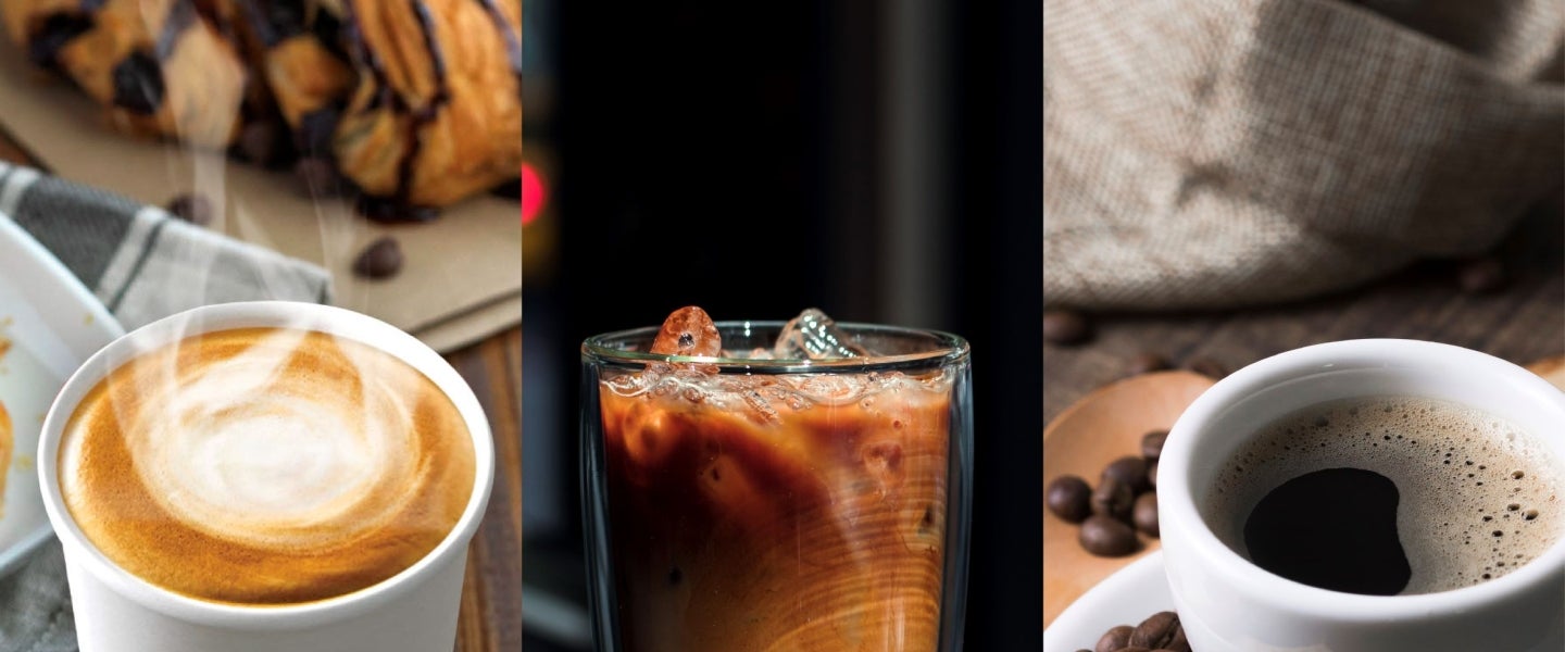 Recetas de Café. Vaso blanco nescafé con receta, vaso vidrio con reseta fría y taza pocillo con café