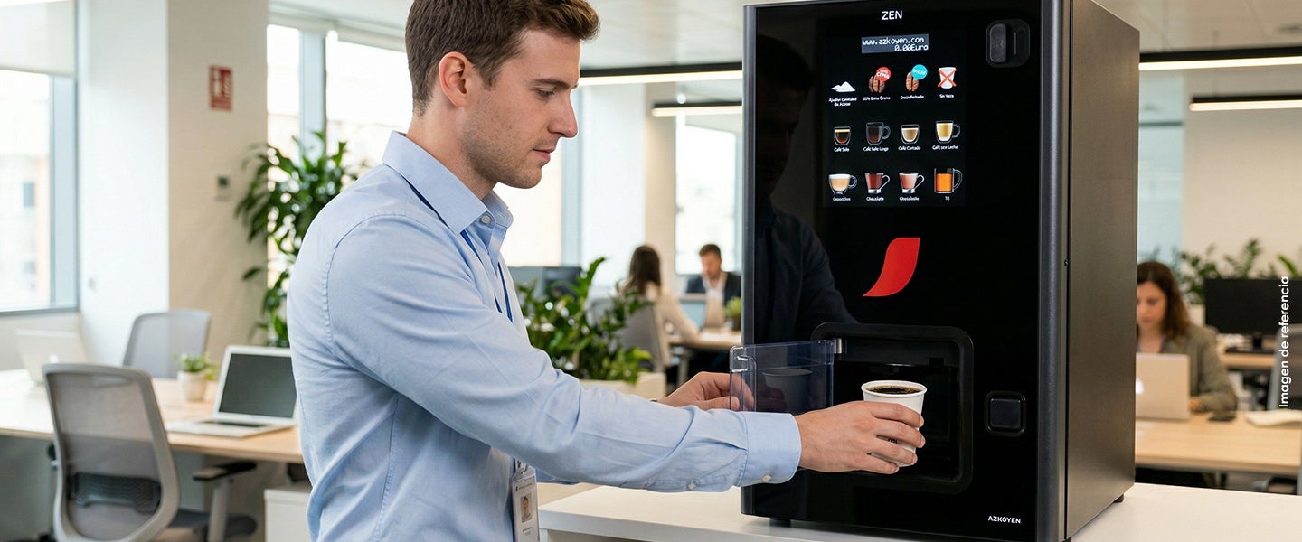 Hombre usando máquina automática de bebidas en oficina moderna, ideal para máquinas de café para empresas