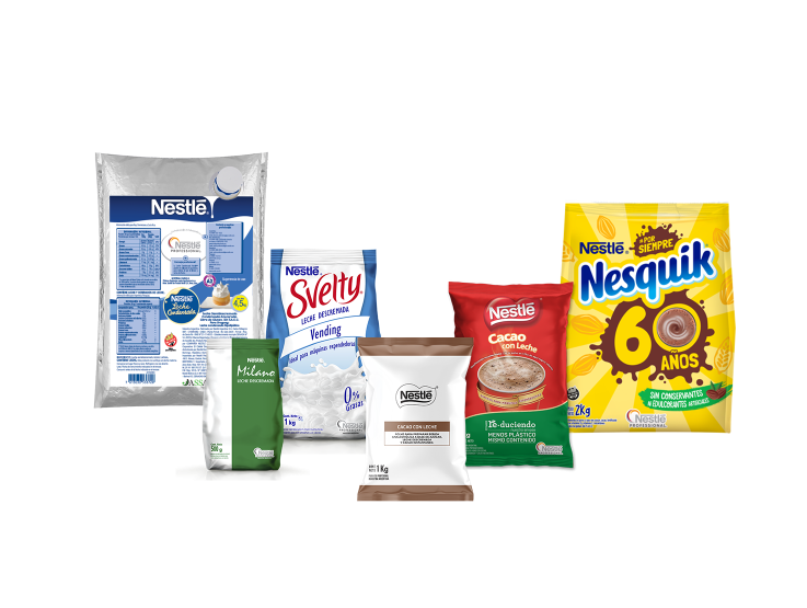 Productos Nestlé professional: leche condensada Nestle, Leche Svelty, Nestlé Cacao con Leche, Nesquik