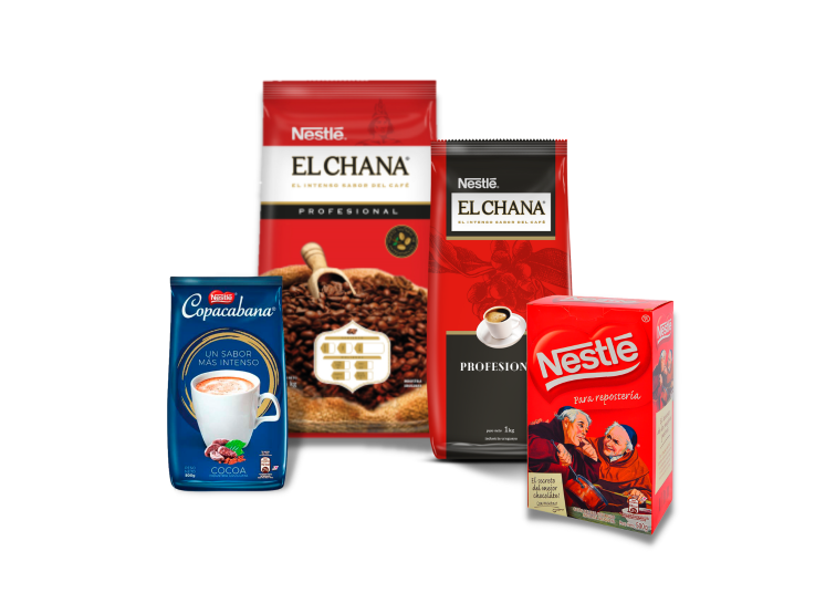 Dos bolsas de café El Chana, bolsa de Nestlé Copacabana Intense y una caja de Nestlé Cacao Stabilo